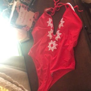 Red one-piece swimsuit